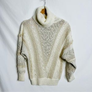 Vintage 90s Jason Maxwell Neutral and White 3D Knit Textured Cowl Neck Sweater